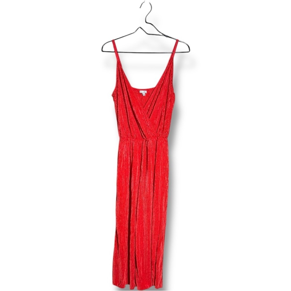 love, Fire Vibrant V Neck Wrap Style Top Sleeveless Flowy Red Wide Leg Jumpsuit - Picture 7 of 15